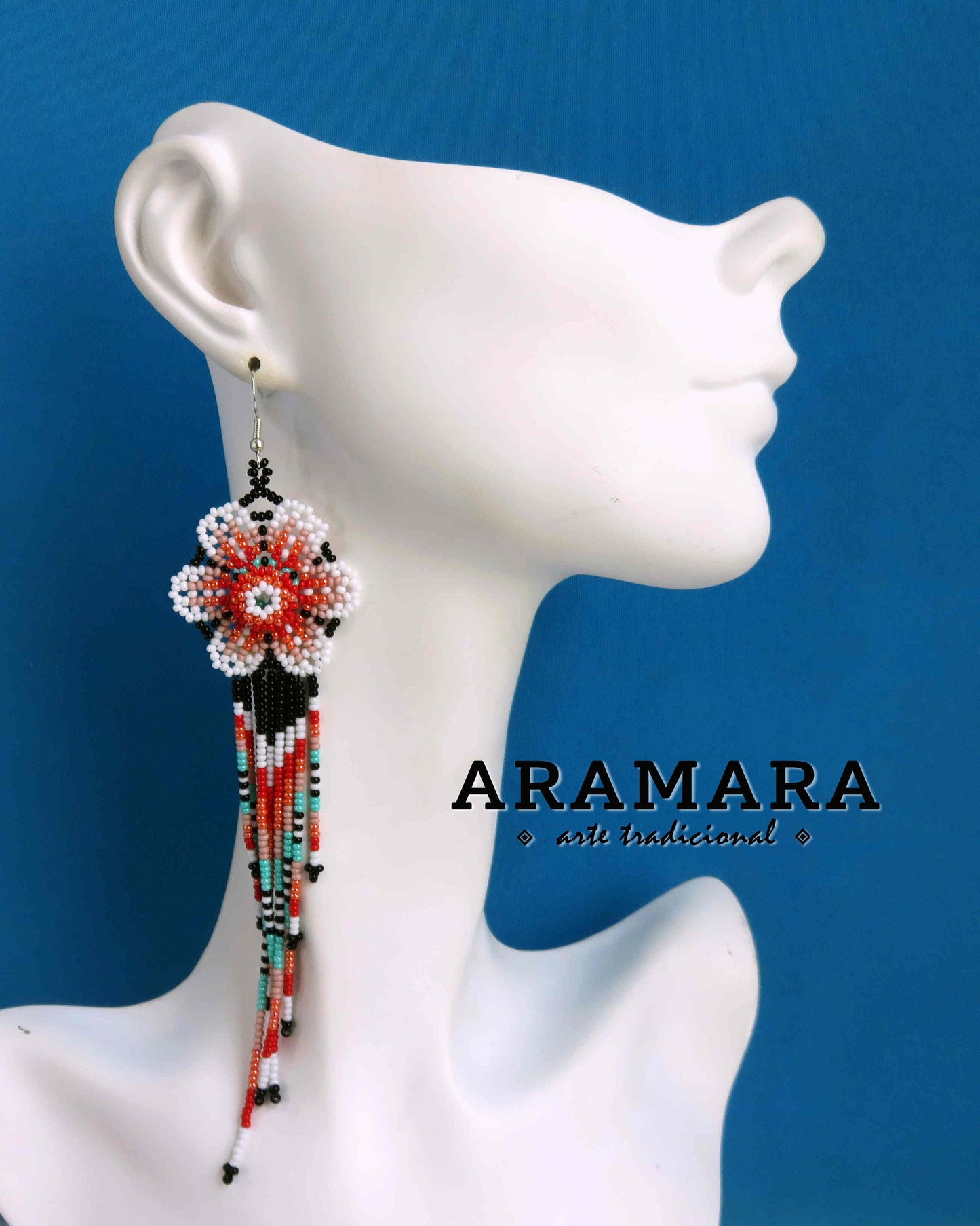 Flower Earrings, Mexican folk art, Huichol Earrings, Mexican earrings, Beaded Flower, Native american earrings, Mexican Jewelry, AF-0948