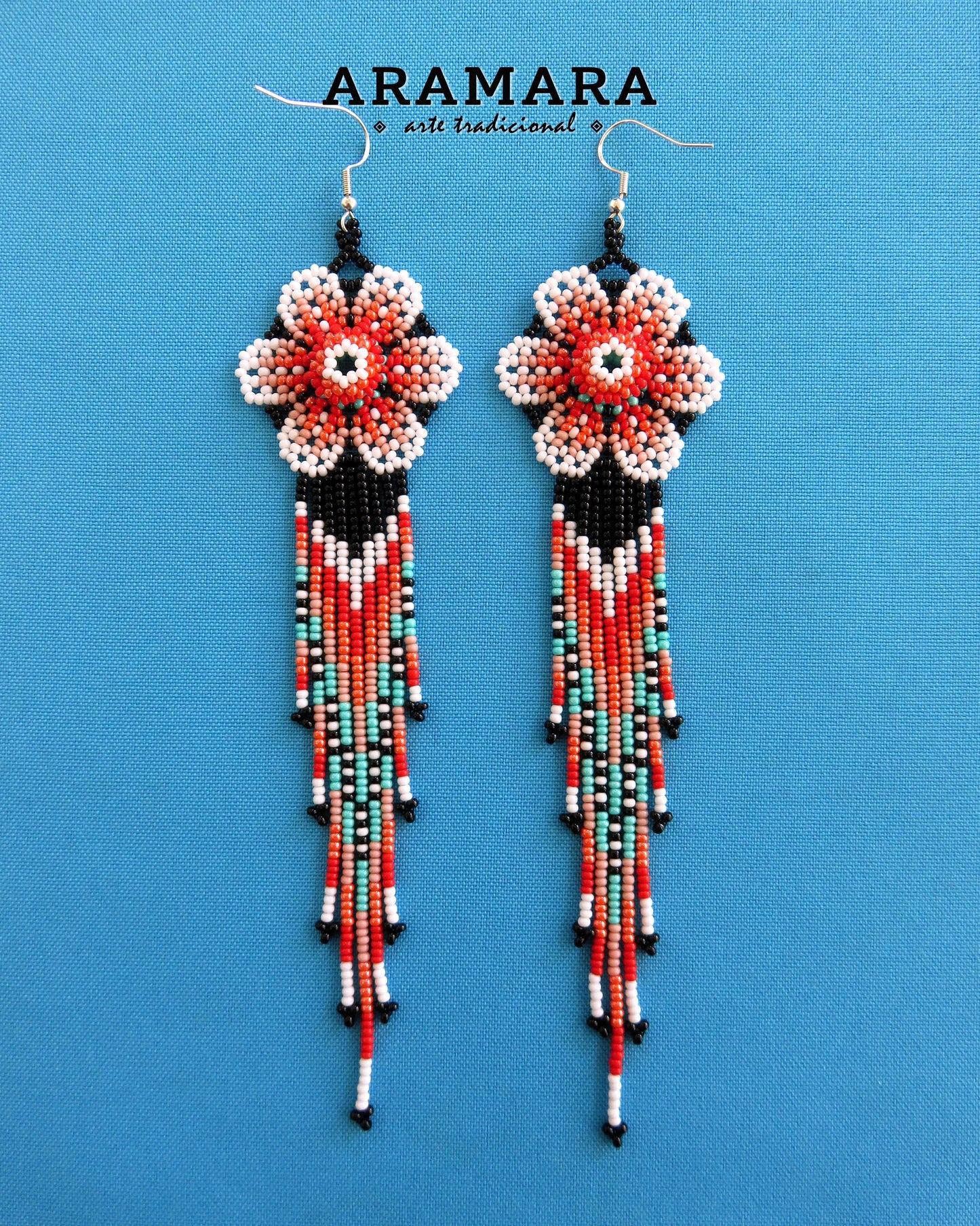 Flower Earrings, Mexican folk art, Huichol Earrings, Mexican earrings, Beaded Flower, Native american earrings, Mexican Jewelry, AF-0948