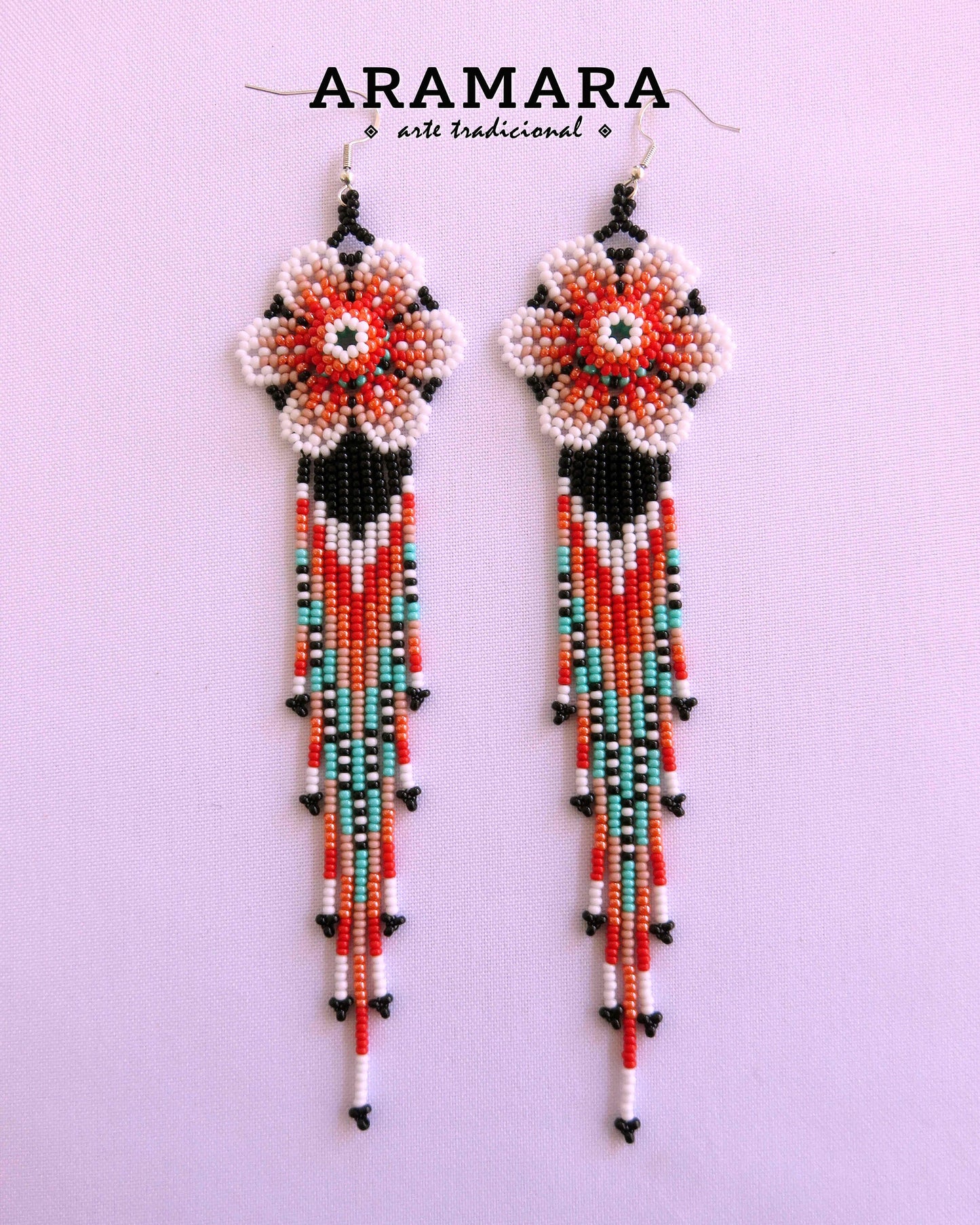 Flower Earrings, Mexican folk art, Huichol Earrings, Mexican earrings, Beaded Flower, Native american earrings, Mexican Jewelry, AF-0948