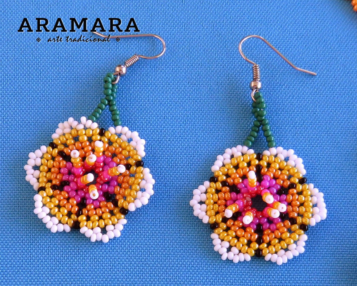 Huichol Earrings, Beaded flower earrings, Native American Earrings, Seed Bead Earrings, Mexican Earrings, Fringe Earrings, Mexican Folk Art,