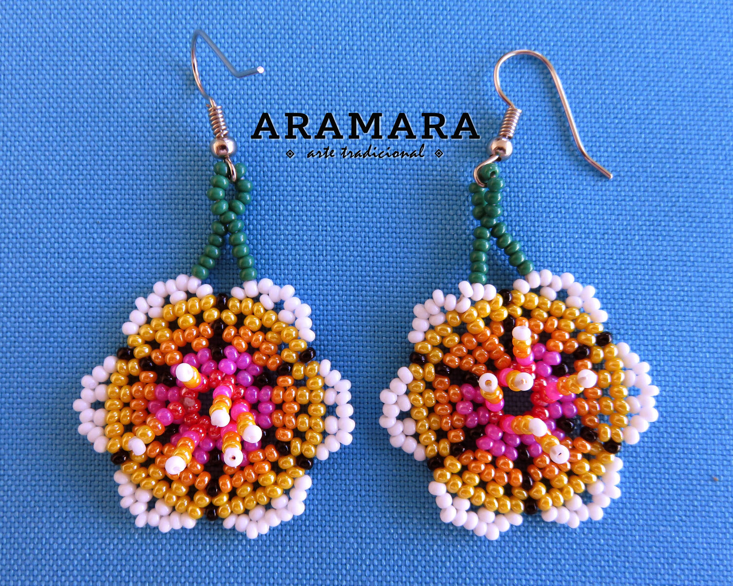 Huichol Earrings, Beaded flower earrings, Native American Earrings, Seed Bead Earrings, Mexican Earrings, Fringe Earrings, Mexican Folk Art,