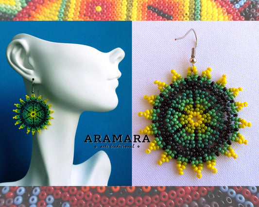 Native american earrings, Beaded Flower, Huichol Earrings, Flower Earrings, Mexican folk art, Mexican Jewelry, Mexican earrings, AF-0559