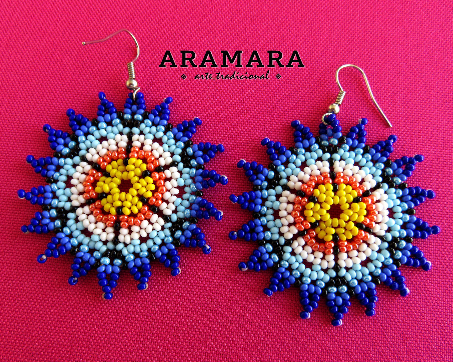 Blue and Yellow Huichol Beaded Flower Earrings  |  AF-0561