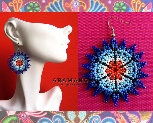 Blue and Orange Huichol Beaded Flower Earrings  |  AF-0563