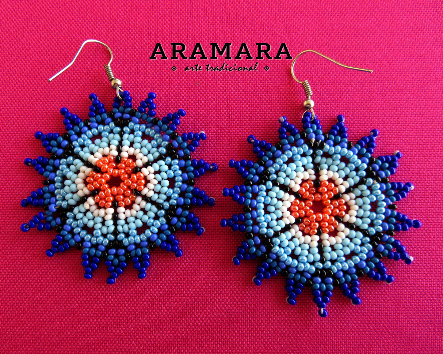 Blue and Orange Huichol Beaded Flower Earrings  |  AF-0563