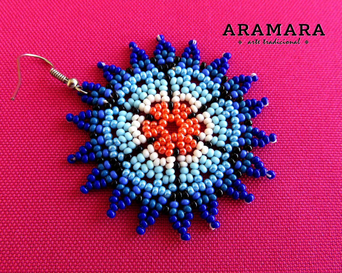 Blue and Orange Huichol Beaded Flower Earrings  |  AF-0563