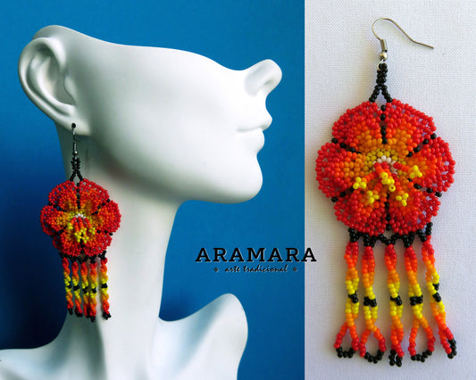 Red Huichol Beaded Flower Earrings  |  AF-0661
