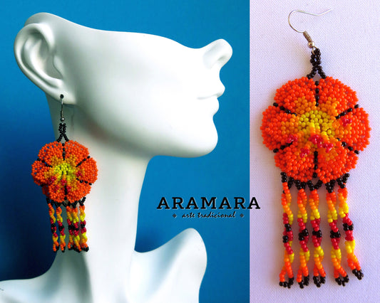 Orange Beaded Flower Earrings  |  AF-0663