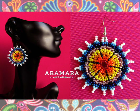 Blue and Yellow Huichol  Beaded Flower Earrings  |  AF-0557