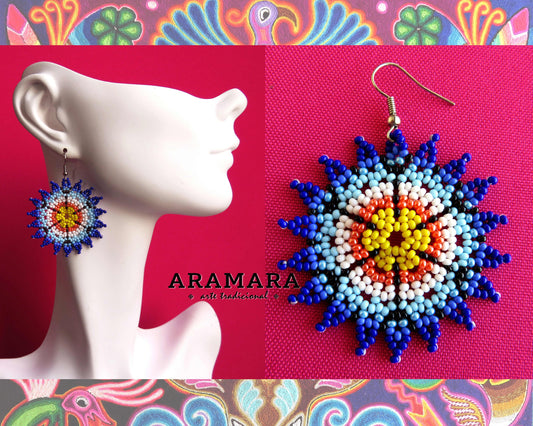 Blue and Yellow Huichol Beaded Flower Earrings  |  AF-0561