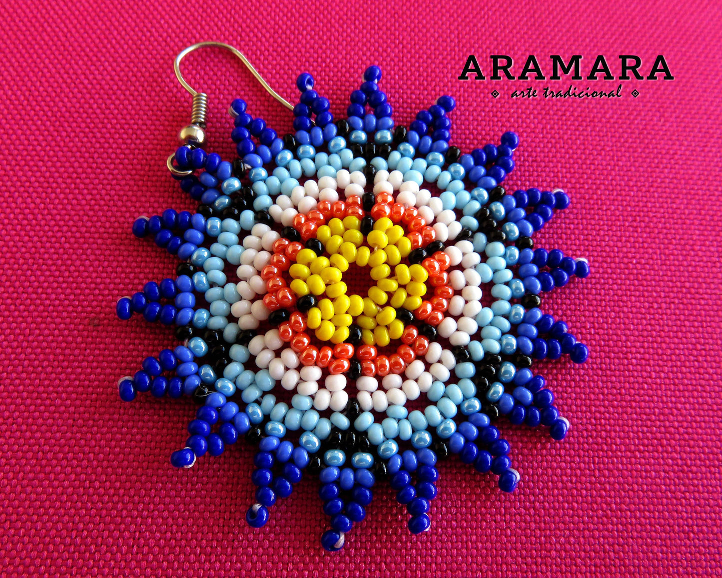 Blue and Yellow Huichol Beaded Flower Earrings  |  AF-0561