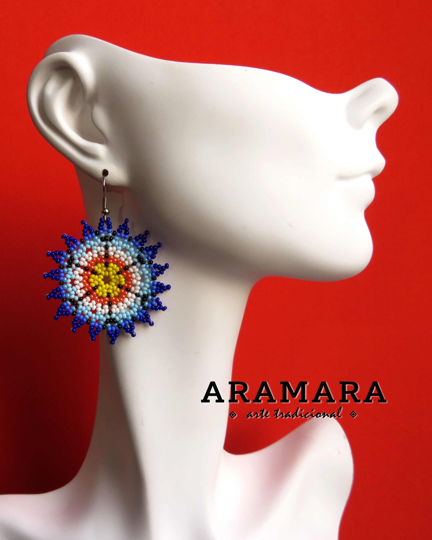 Blue and Yellow Huichol Beaded Flower Earrings  |  AF-0561
