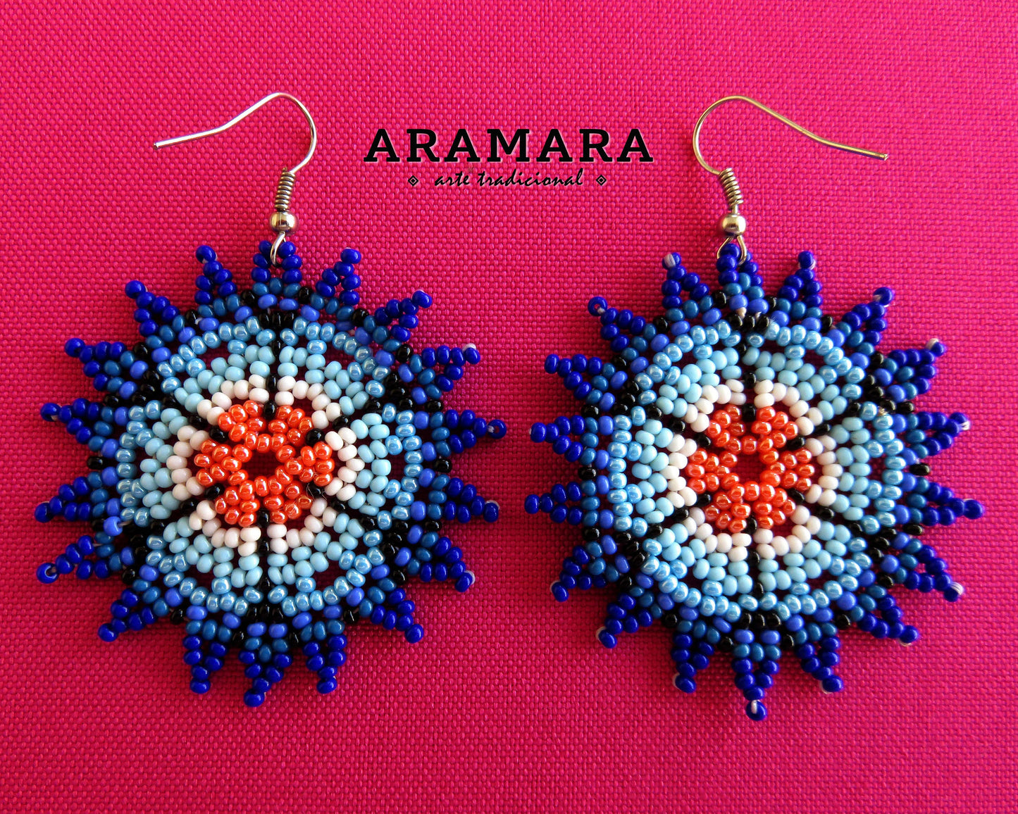 Blue and Orange Huichol Beaded Flower Earrings  |  AF-0563