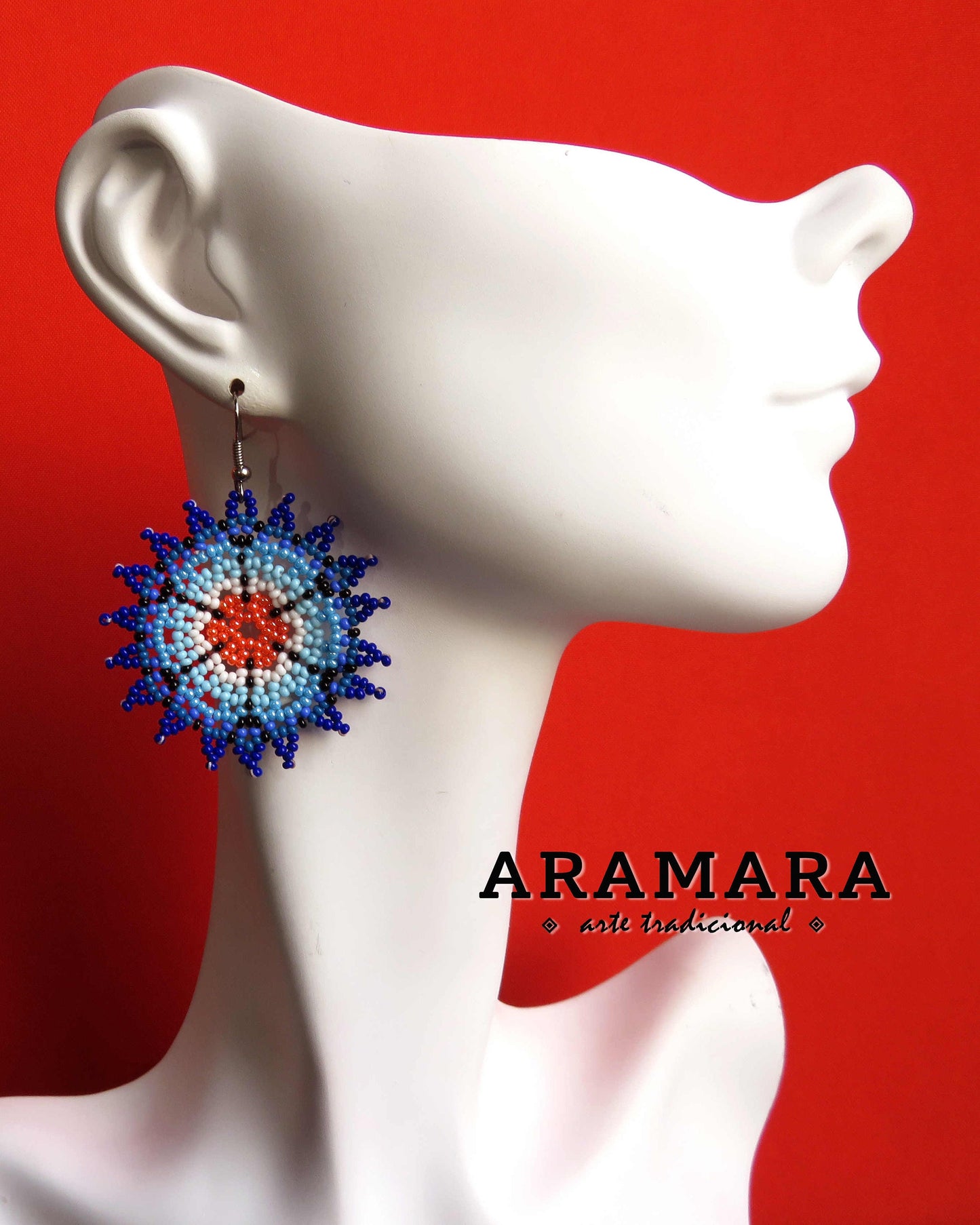 Blue and Orange Huichol Beaded Flower Earrings  |  AF-0563