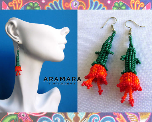 Red Huichol Beaded Flower Earrings  |  AF-0718