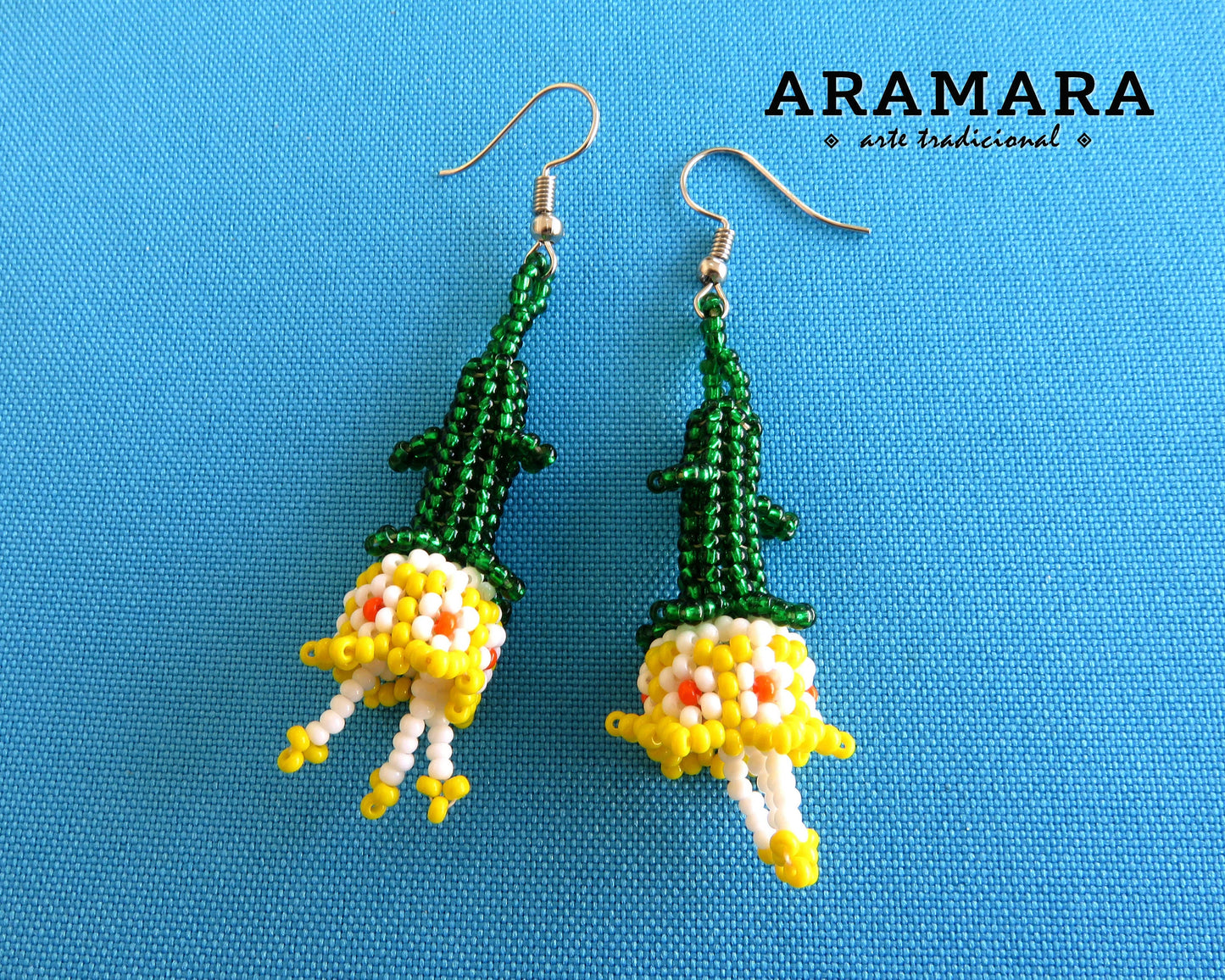 White and Yellow Huichol Beaded Flower Earrings  |  AF-0728