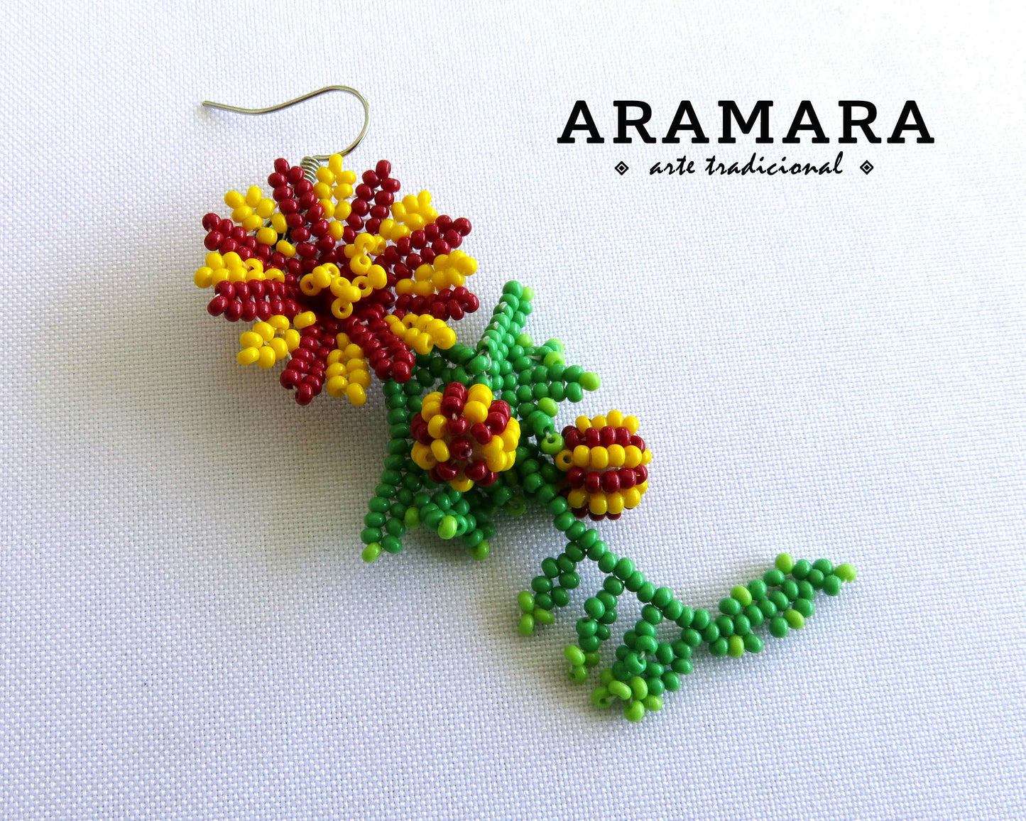 Yellow and Red Huichol Beaded Flower Earrings  |  AF-0771