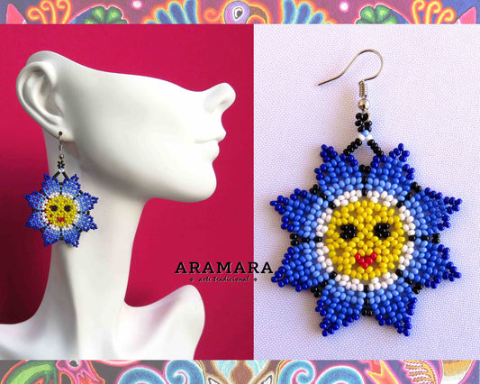 Blue and Yellow Huichol Beaded Flower Earrings |  AO-0003