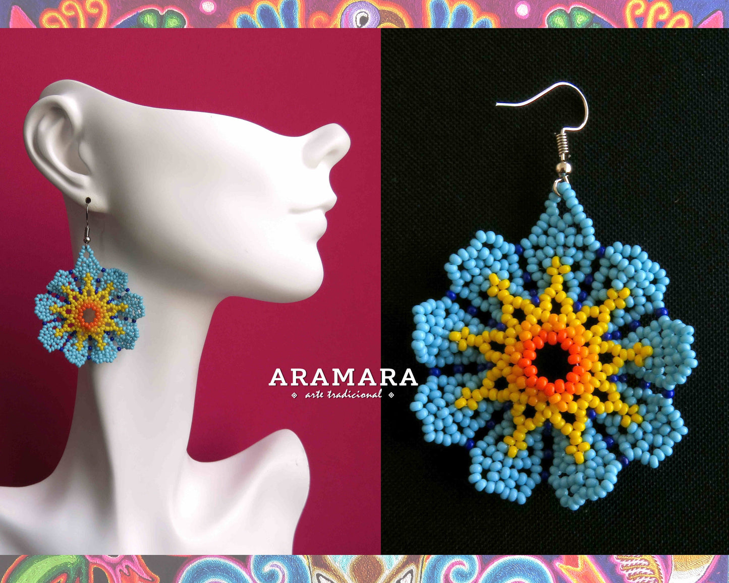 Blue and Yellow Huichol Beaded Flower Earrings  |  AF-0805