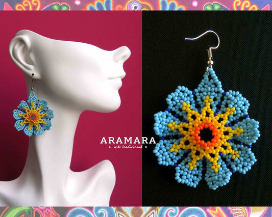 Blue and Yellow Huichol Beaded Flower Earrings  |  AF-0805