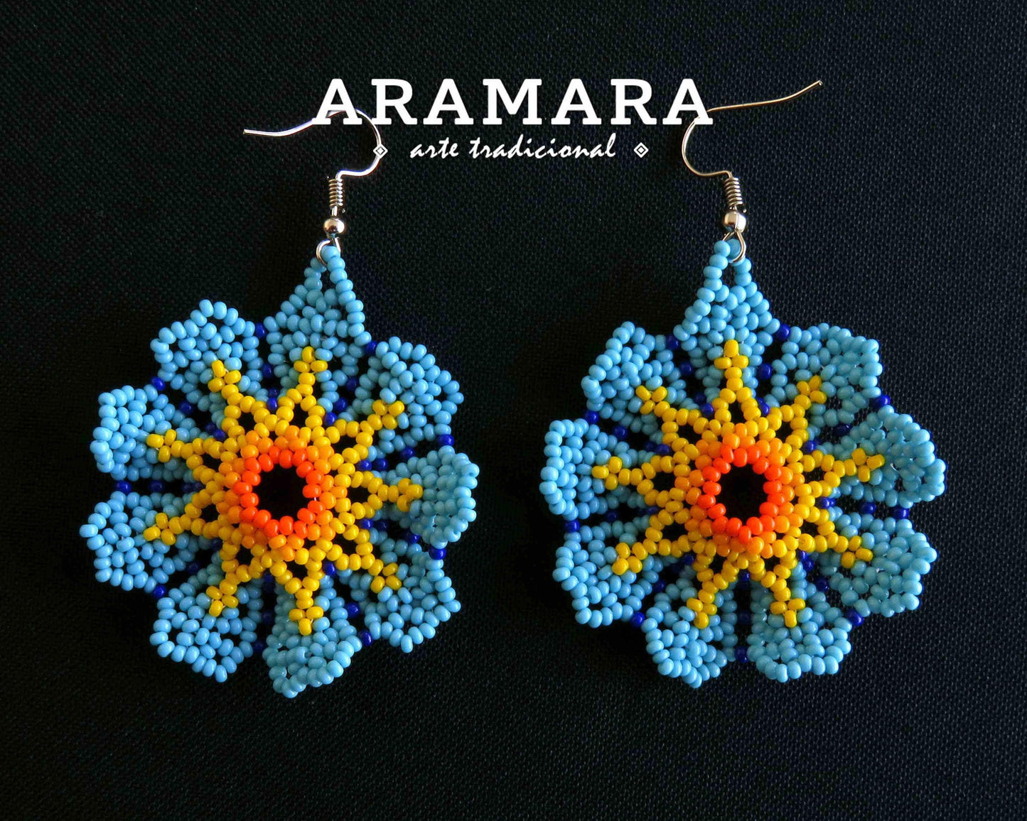 Blue and Yellow Huichol Beaded Flower Earrings  |  AF-0805