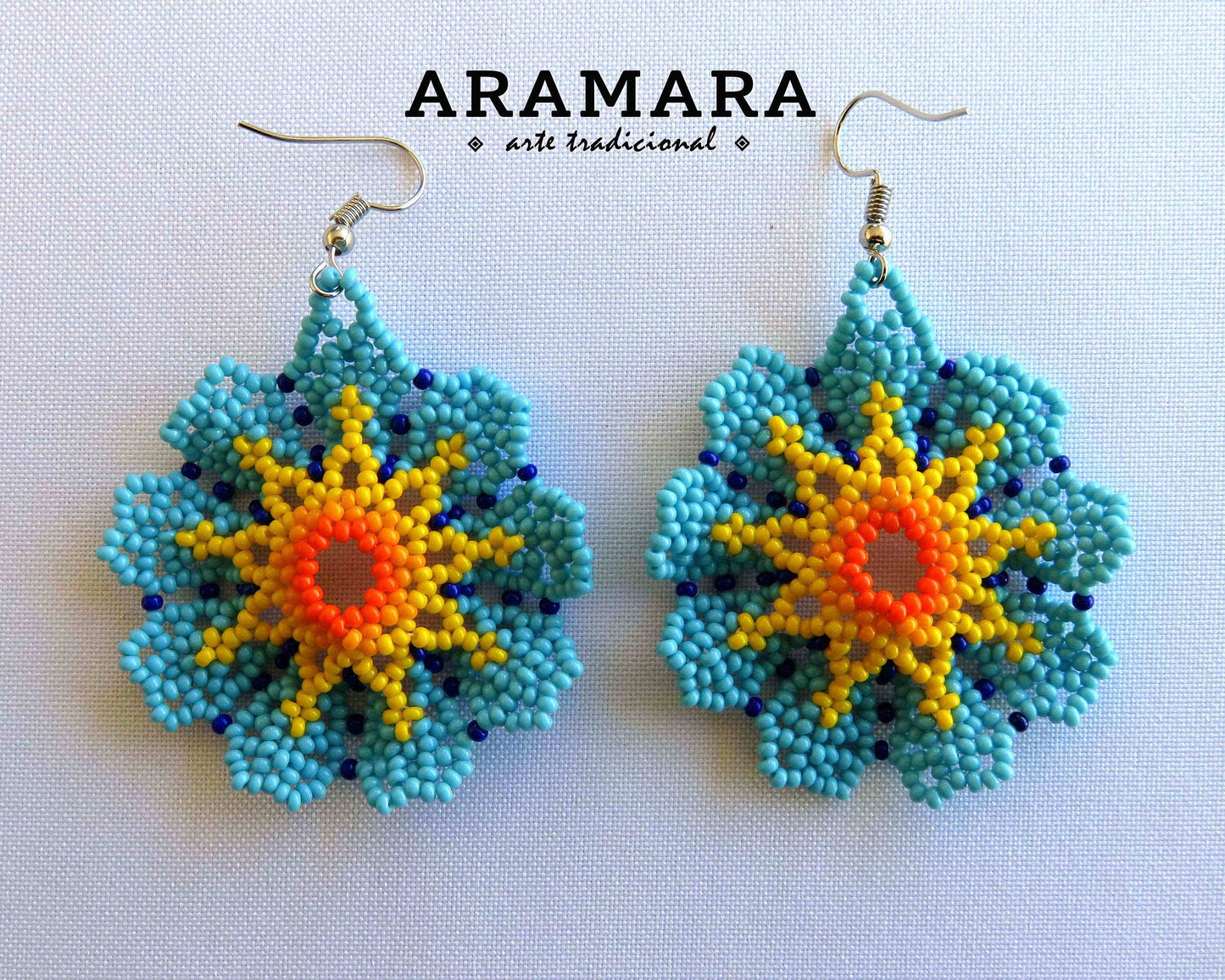 Blue and Yellow Huichol Beaded Flower Earrings  |  AF-0805