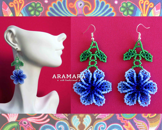 Blue Huichol Earrings Beaded Flower Earrings  |  AF-0819