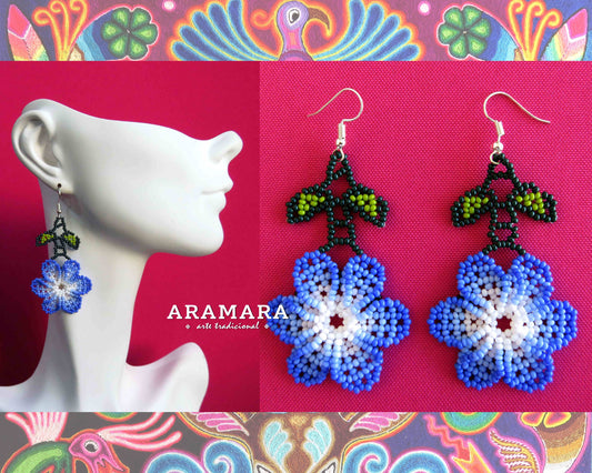 Blue and white Huichol Beaded Flower Earrings  |  AF-0823