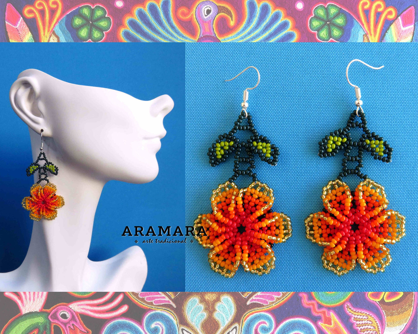 Orange Huichol Beaded Flower Earrings  |  AF-0824