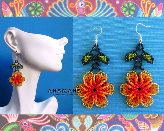 Orange Huichol Beaded Flower Earrings  |  AF-0824