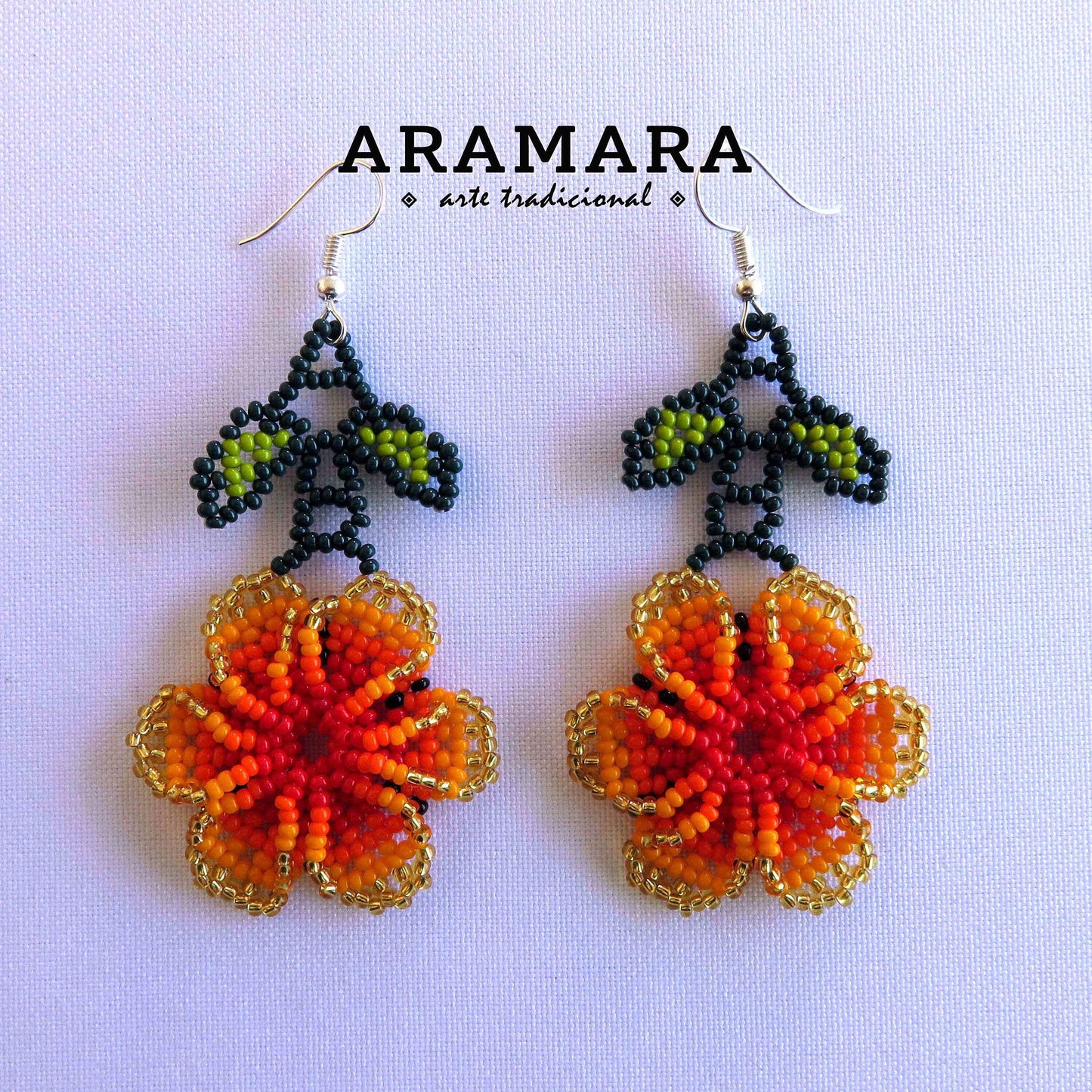 Orange Huichol Beaded Flower Earrings  |  AF-0824