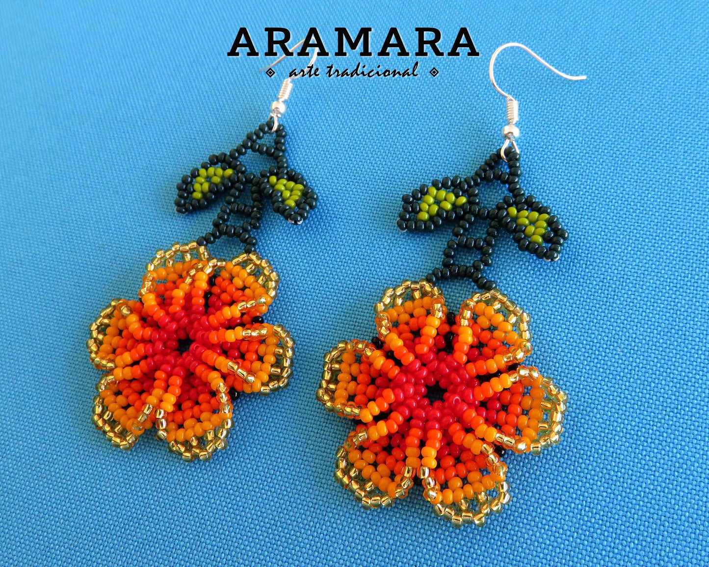 Orange Huichol Beaded Flower Earrings  |  AF-0824