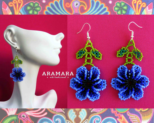 Blue Huichol Beaded Flower Earrings  |  AF-0829