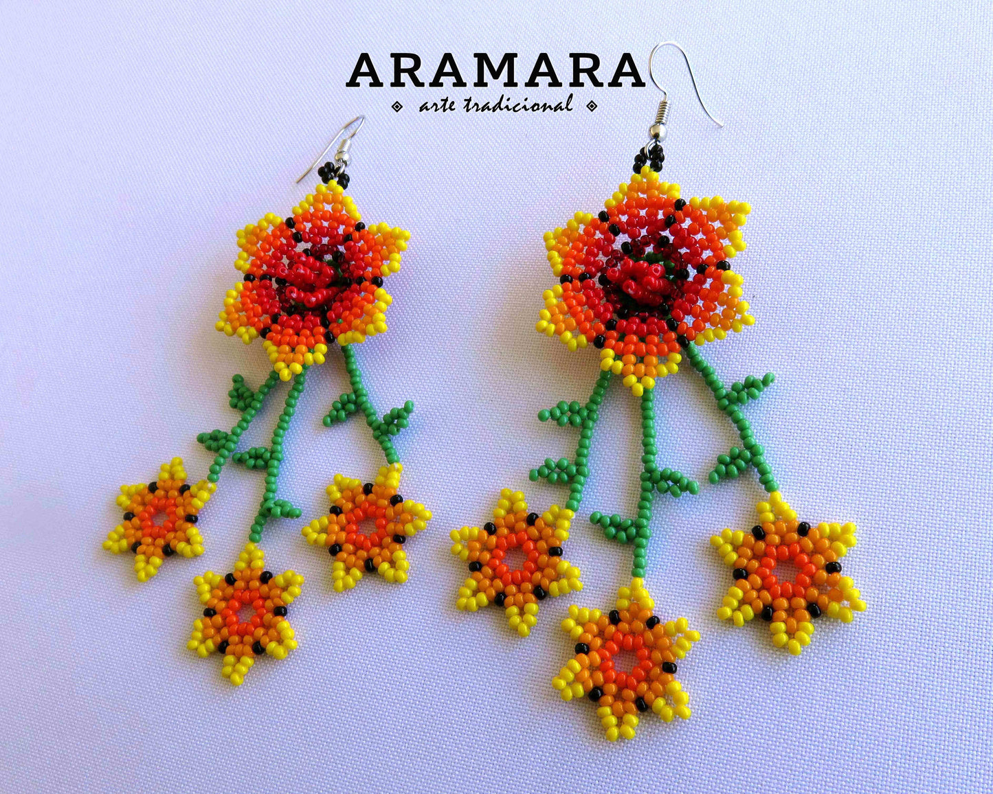 Yellow and orange Huichol Beaded Flower Earrings  | AF-0841