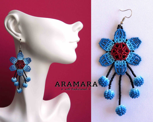 Blue Huichol Beaded Flower Earrings  | AF-0853