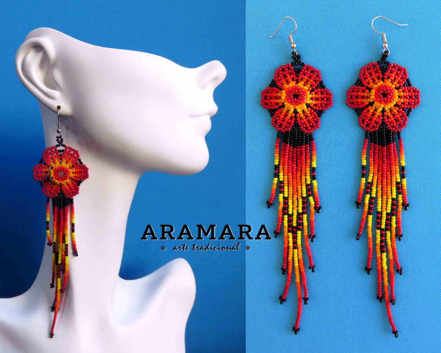 Red Huichol Beaded Flower Earrings  | AF-0871