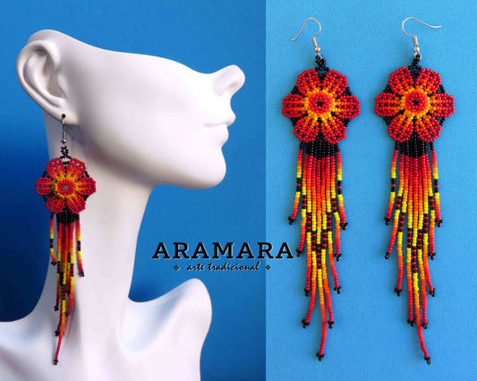 Red Huichol Beaded Flower Earrings  | AF-0871