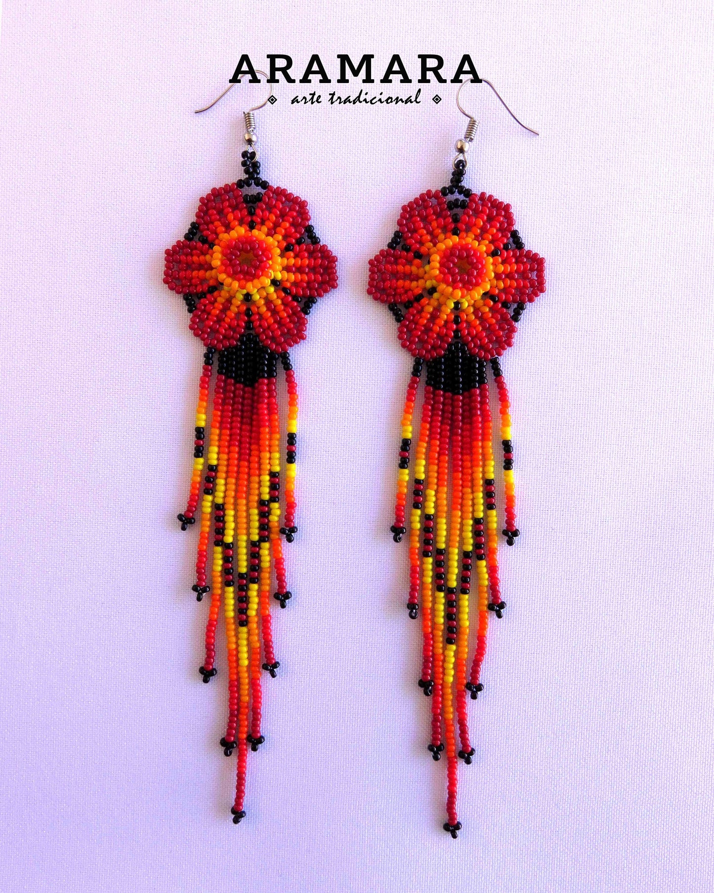 Red Huichol Beaded Flower Earrings  | AF-0871