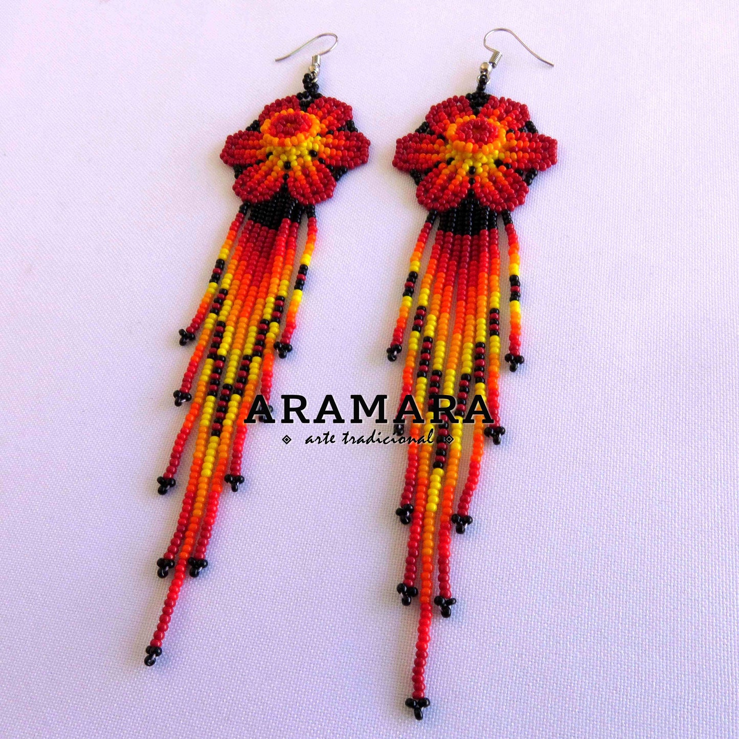 Red Huichol Beaded Flower Earrings  | AF-0871