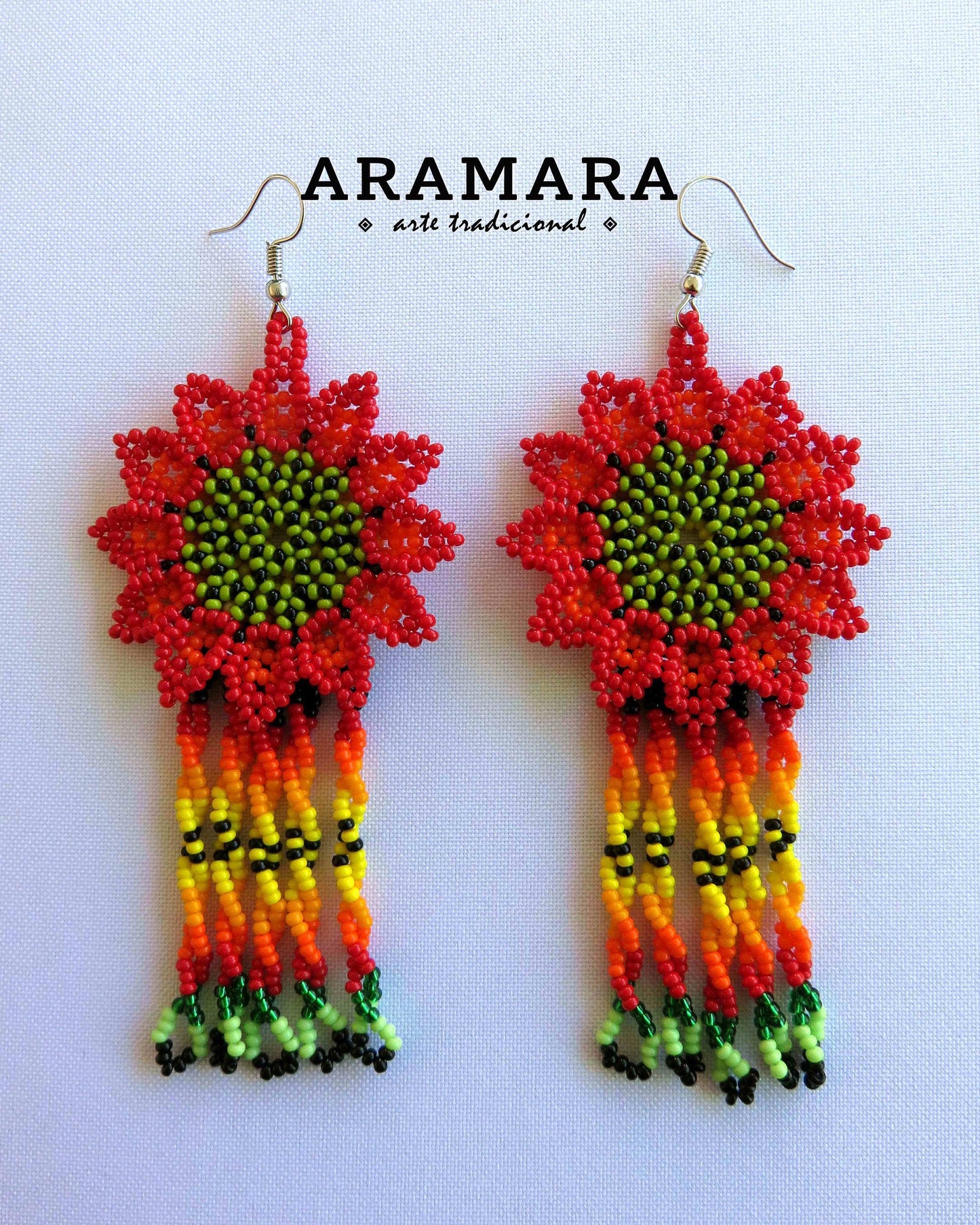 Red Huichol Beaded Flower Earrings  |  AF-0876