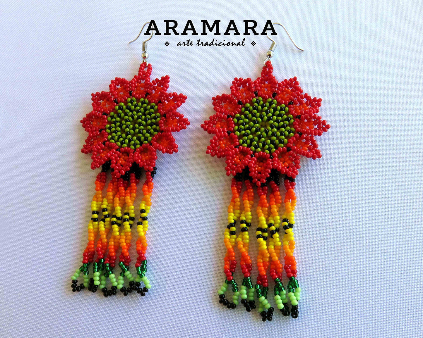 Red Huichol Beaded Flower Earrings  |  AF-0876