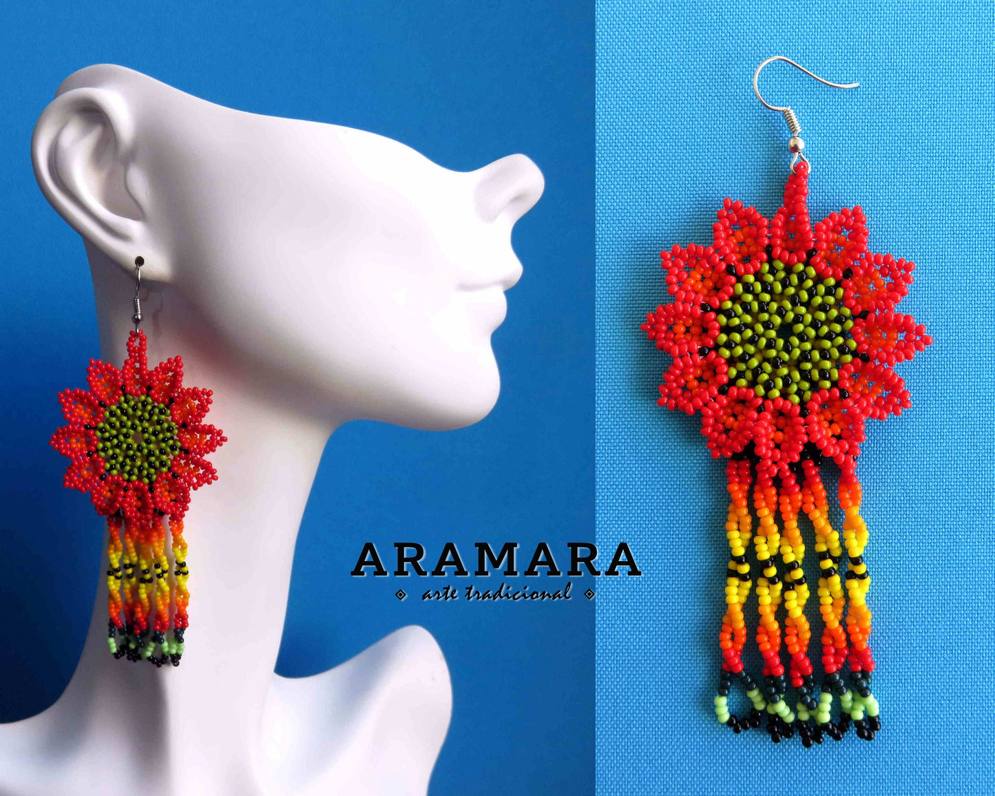Red Huichol Beaded Flower Earrings  |  AF-0880