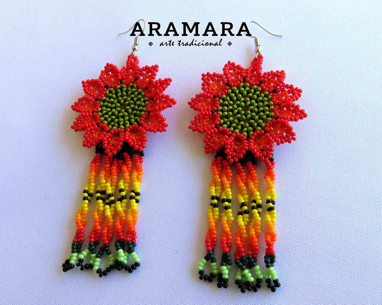 Red Huichol Beaded Flower Earrings  |  AF-0880
