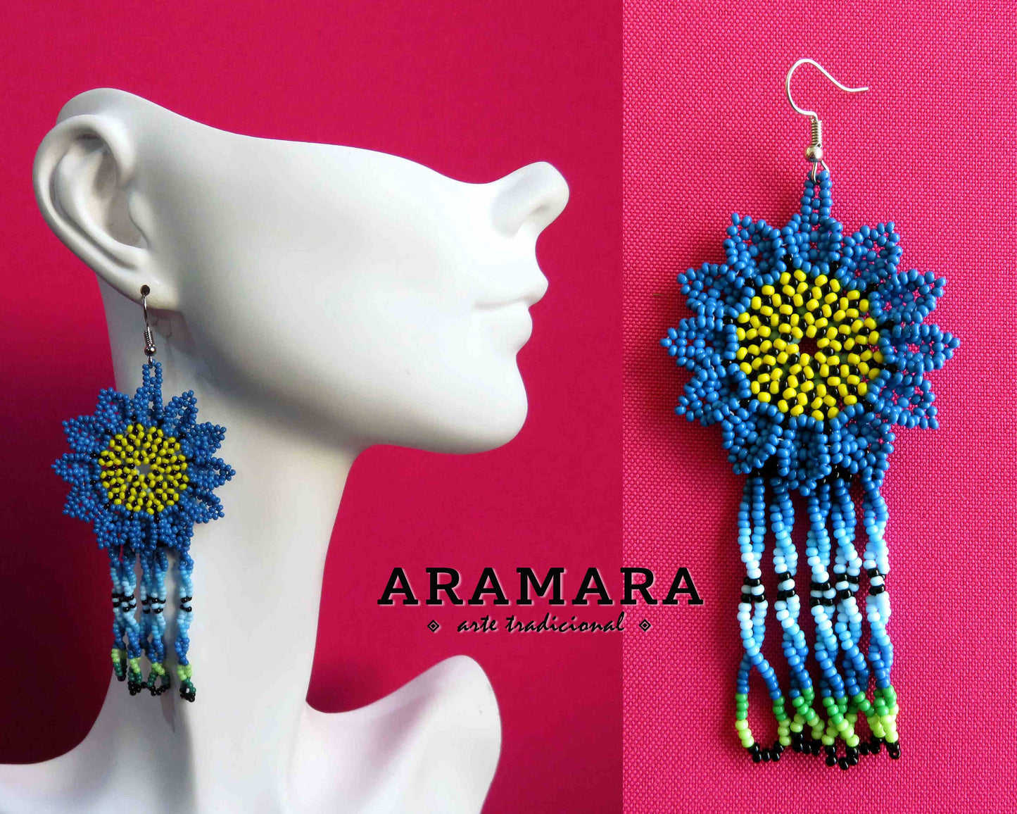 Blue and Yellow Huichol Beaded Flower Earrings  |  AF-0881