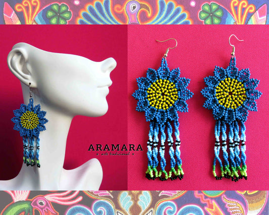 Blue and Yellow Huichol Beaded Flower Earrings  |  AF-0881