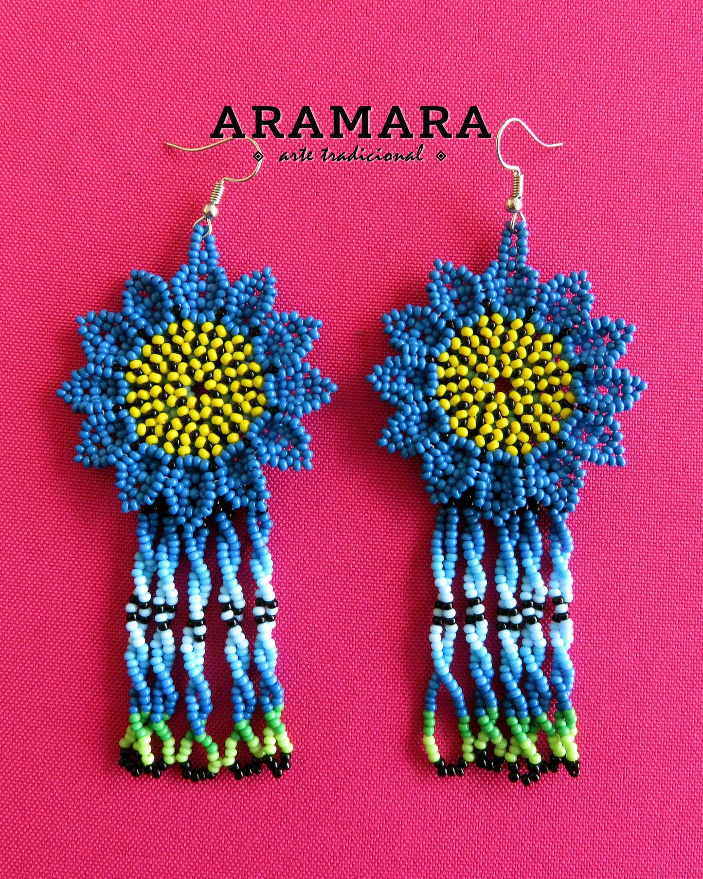 Blue and Yellow Huichol Beaded Flower Earrings  |  AF-0881