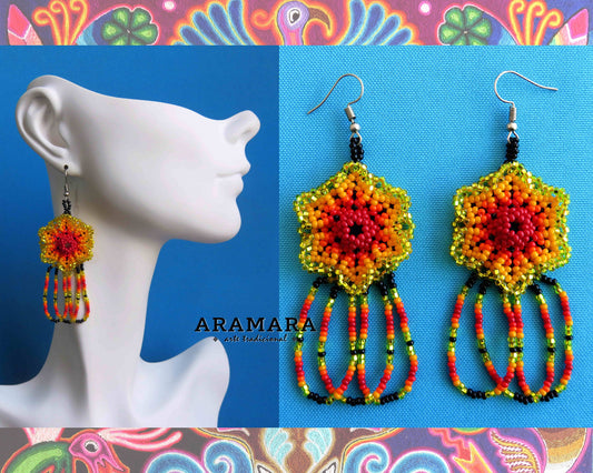 Orange and Red Huichol Beaded Flower Earrings  |  AF-0796