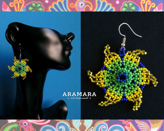 Yellow and green Huichol Beaded Flower Earrings  |  AF-0802