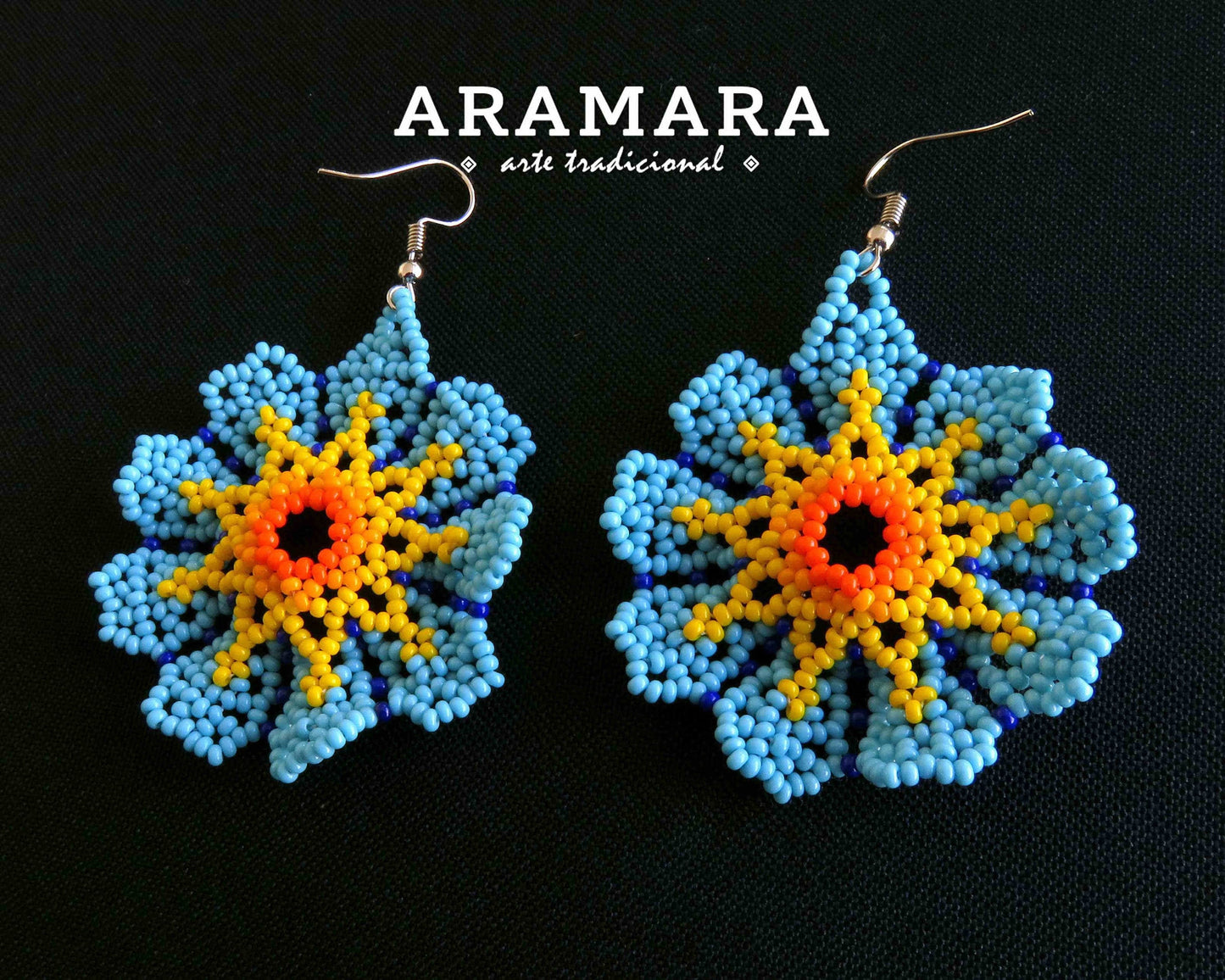 Blue and Yellow Huichol Beaded Flower Earrings  |  AF-0805