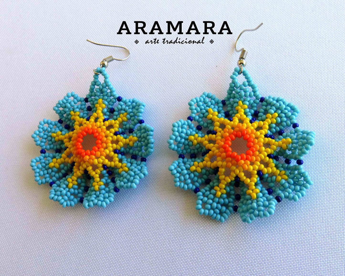 Blue and Yellow Huichol Beaded Flower Earrings  |  AF-0805